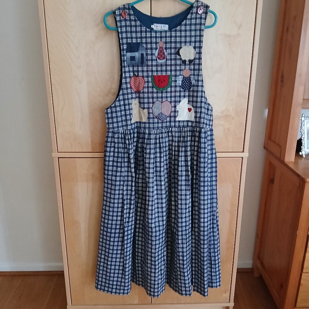Vintage USA Calico Collections Blue Appliqué Print Dress Large 100% Cotton